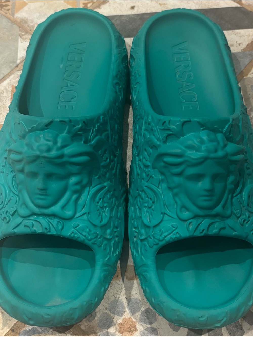Versace Teal Medusa Embossed Slide Sandals - Mens Size 11.5